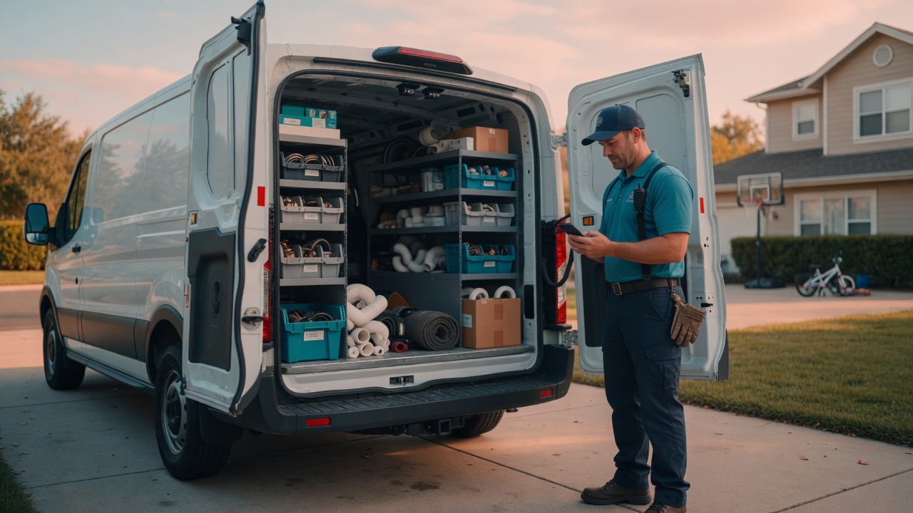 Technician at an open service van checking a phone